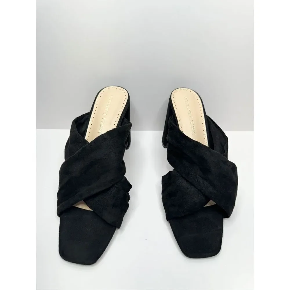 Adrienne Vittadini Sandals Womens 9.5 Crossover Black Faux‎ Suede Chunky Heels